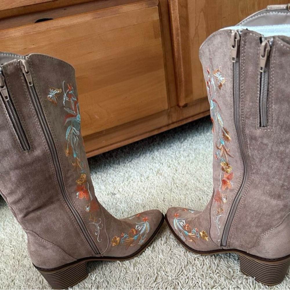 Taupe Faux Suede Desert Bloom Embroidered Boots - Picture 6 of 6